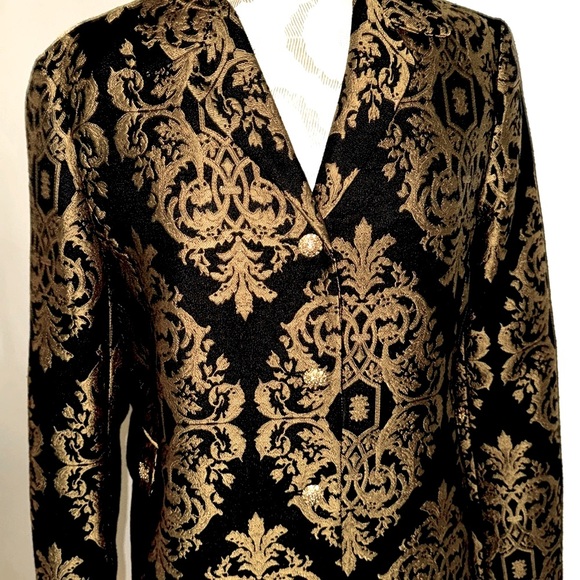 Carole Little Vintage Brocade Richly Decorative Black Gold Duster Coat Size 10 - Picture 4 of 12